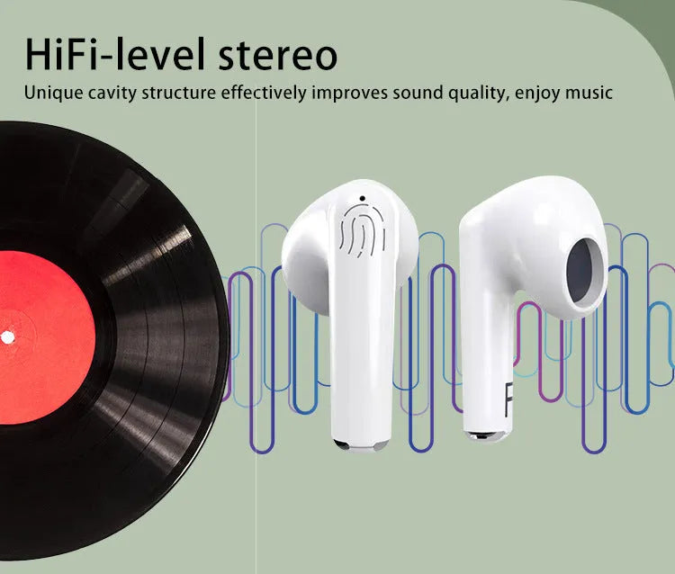White wireless Bluetooth semi in-ear earphones with a charging case on a white background.