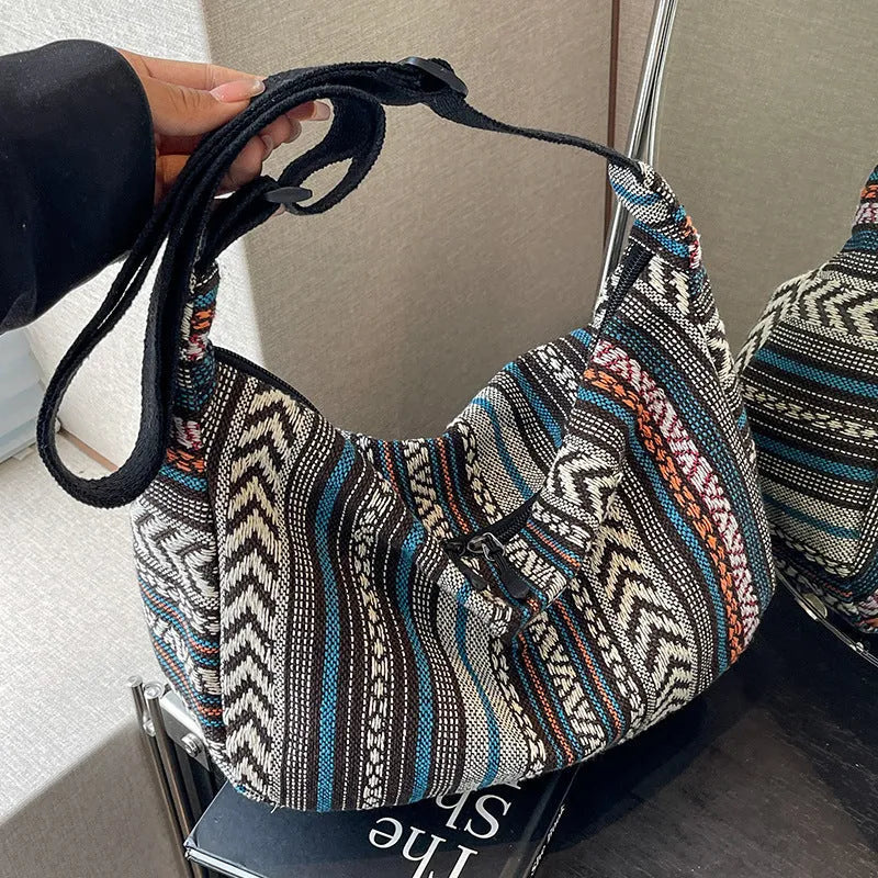 Women's canvas crossbody dumpling bag in ethnic style with three-dimensional pocket