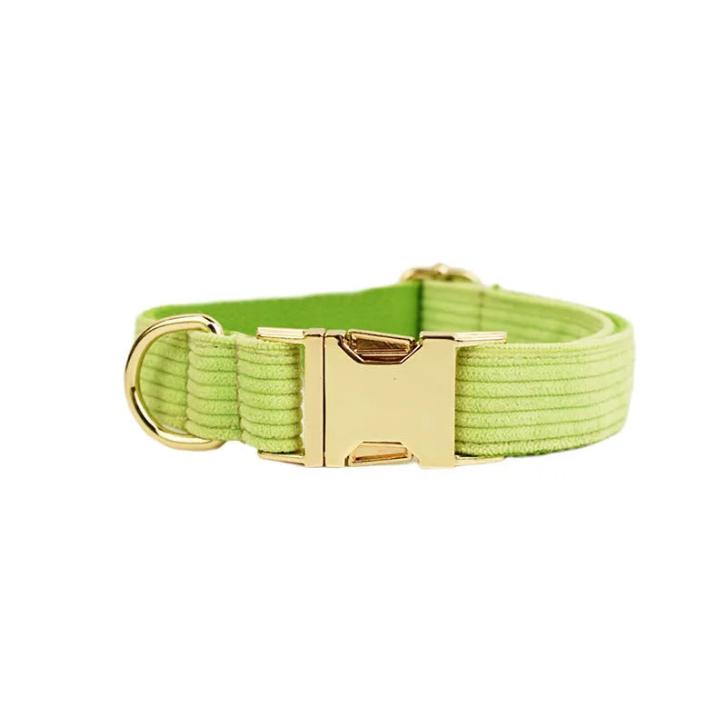 Textured corduroy dog collar in light green colour with metal D-ring and plastic buckle clasp.