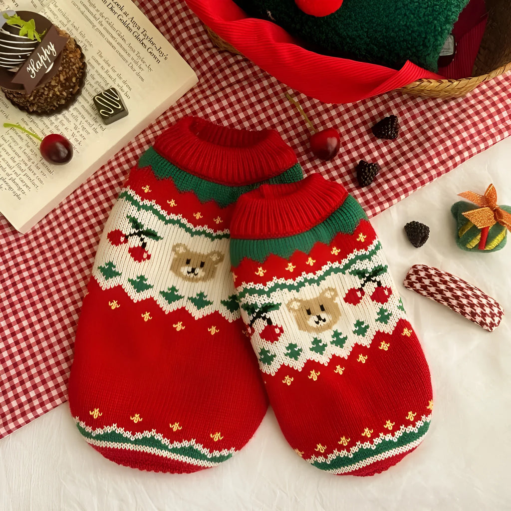 Christmas red cherry pet sweater for small dogs and cats on mannequin showing knit fabric texture