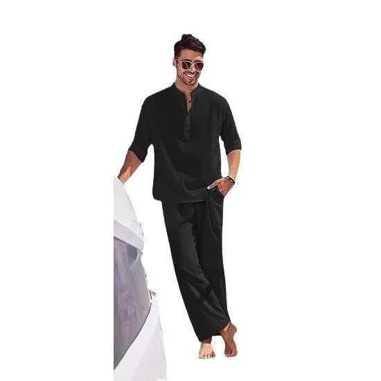 Men's casual cotton suit set in solid colour with long sleeve top and matching trousers