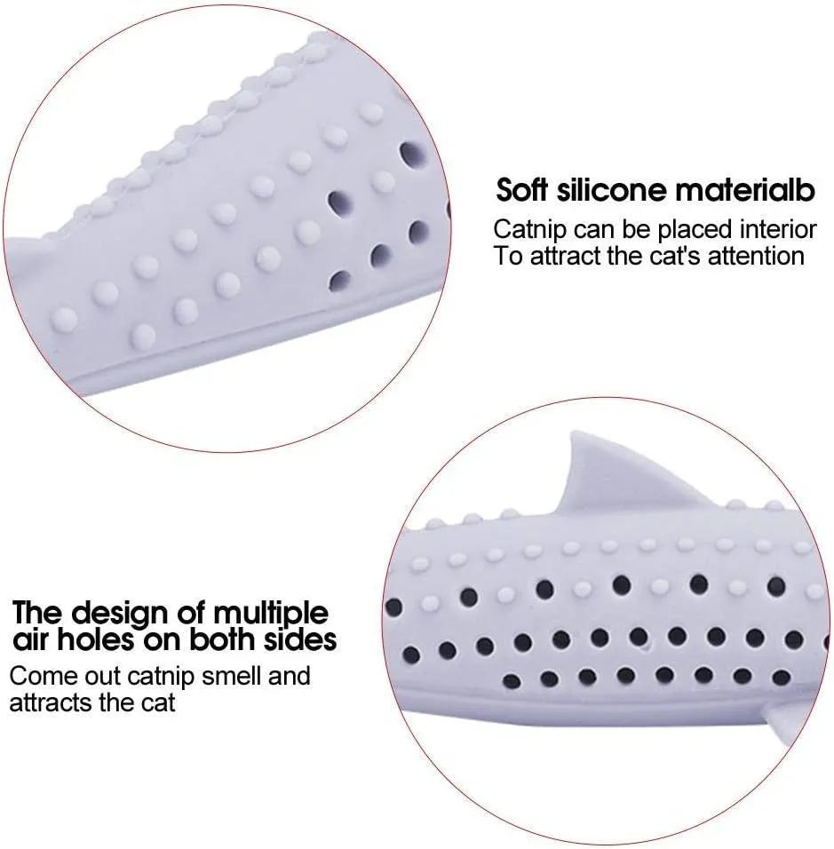 Green silicone fish-shaped cat chew toy with breathable side holes