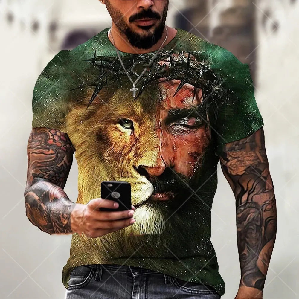 3D printed Jesus pattern men's T-shirt in bird eye cloth polyester with short sleeves