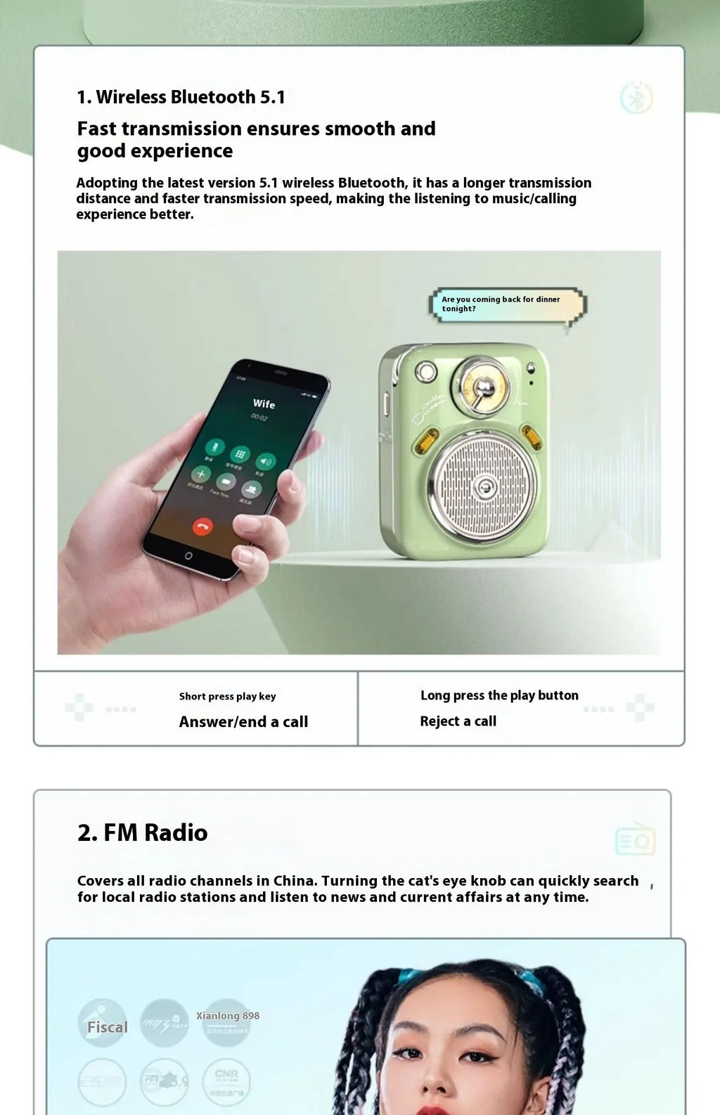 Bluetooth mini-portable audio radio in pink, green, and white colour options with lithium battery