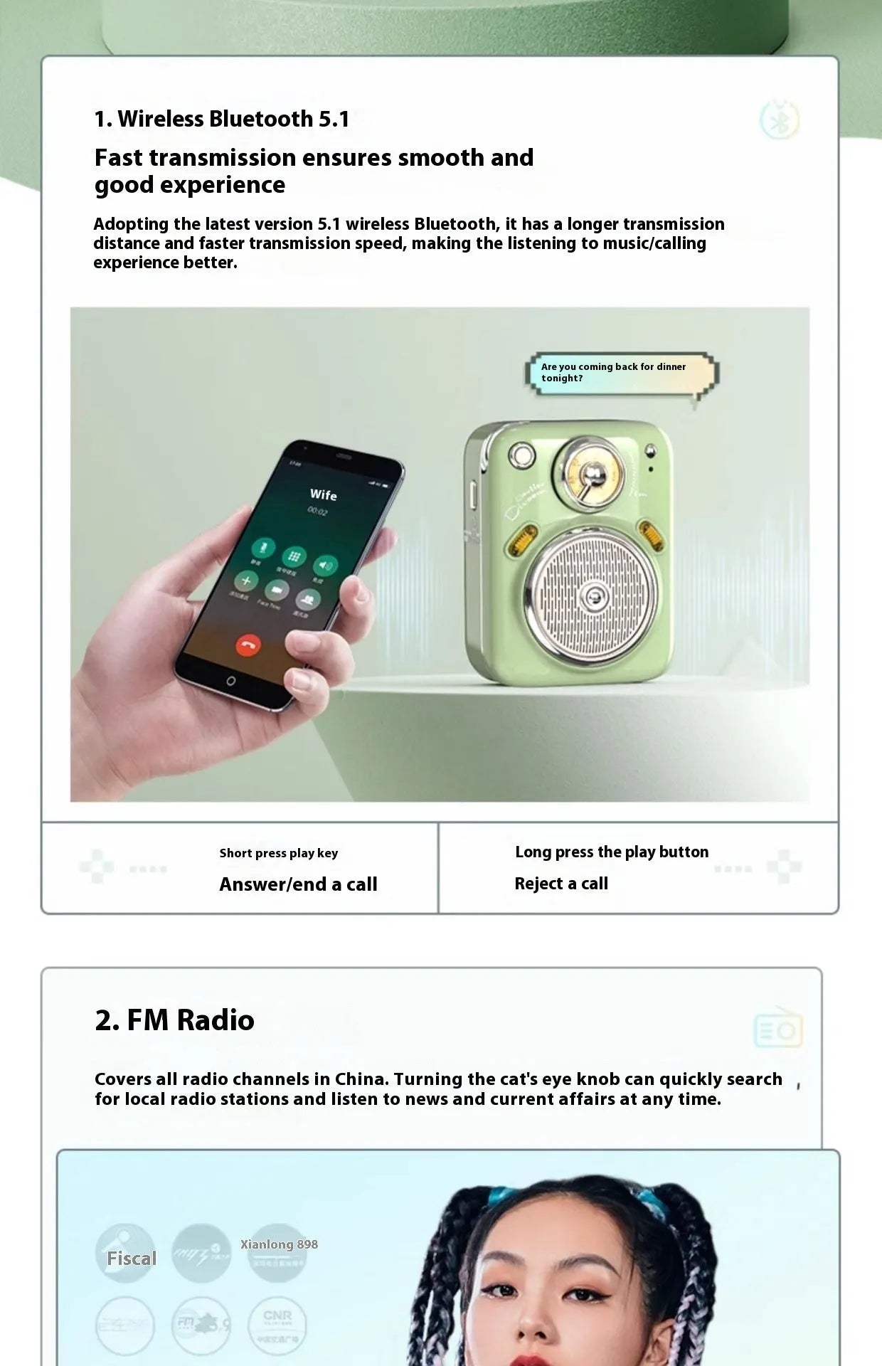Bluetooth mini-portable audio radio in pink, green, and white colour options with lithium battery