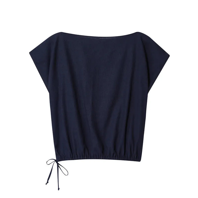 Women's linen blend wide-leg trouser and flounced sleeve top co-ord suit set in a professional style.