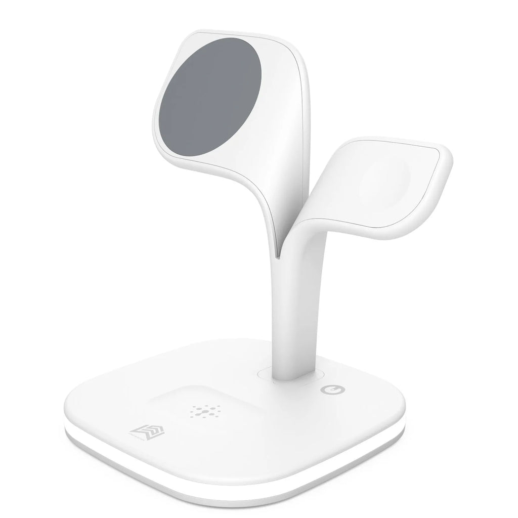 Black 3-in-1 wireless charging station holding a phone, smartwatch, and headphones on a desk.