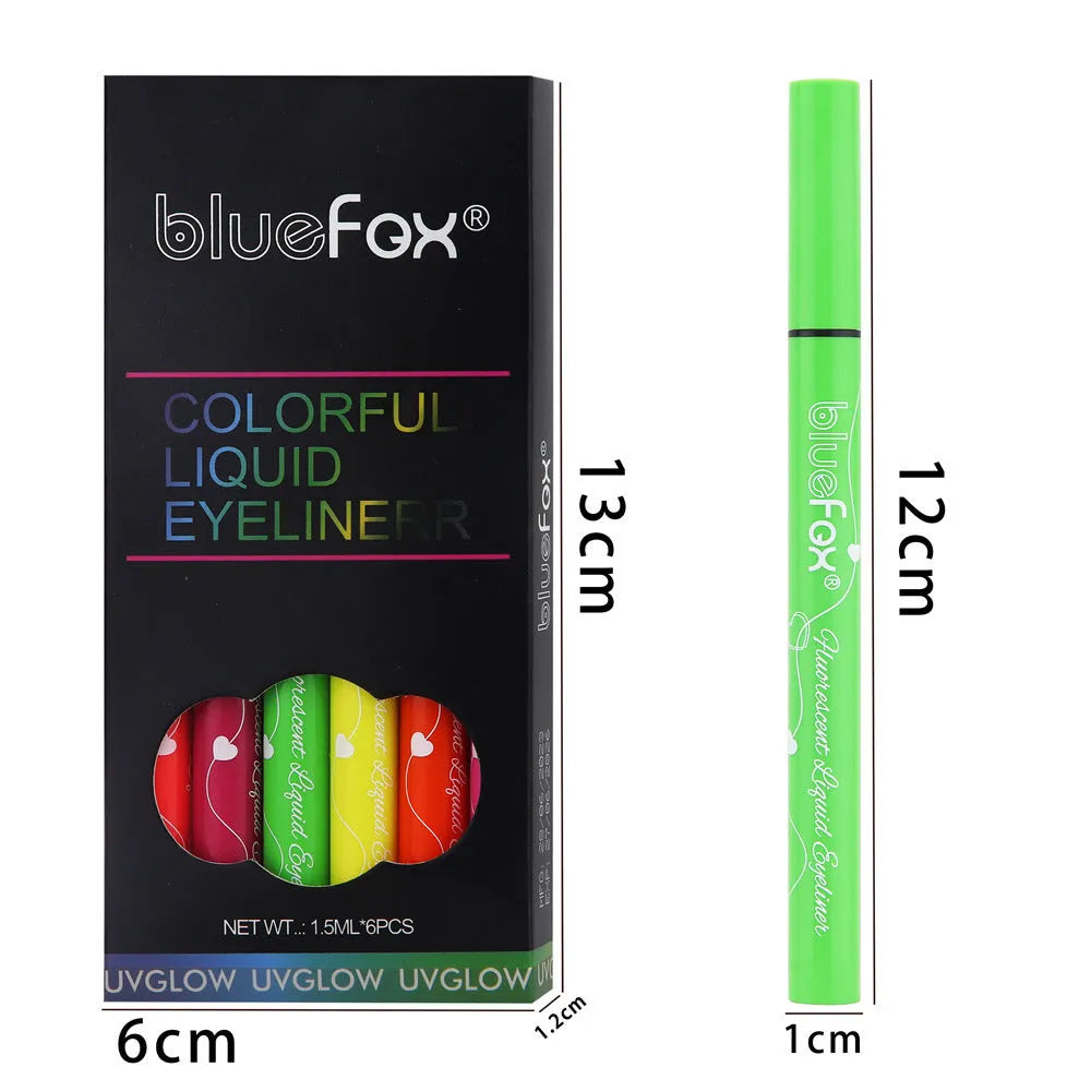 Set of six 1.5ml fluorescent liquid eyeliners in assorted colours including black, brown, purple, and watermelon red.