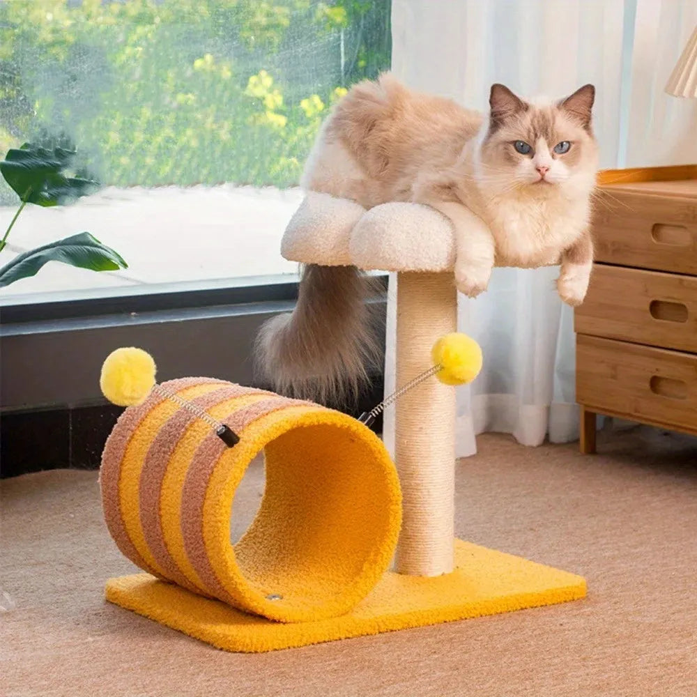 Yellow bee-themed cat climbing frame with sisal scratching post and fabric tunnel