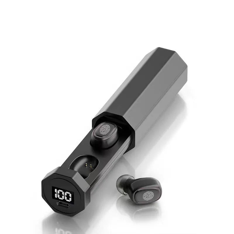 Wireless Bluetooth headset in black with in-ear design and digital display