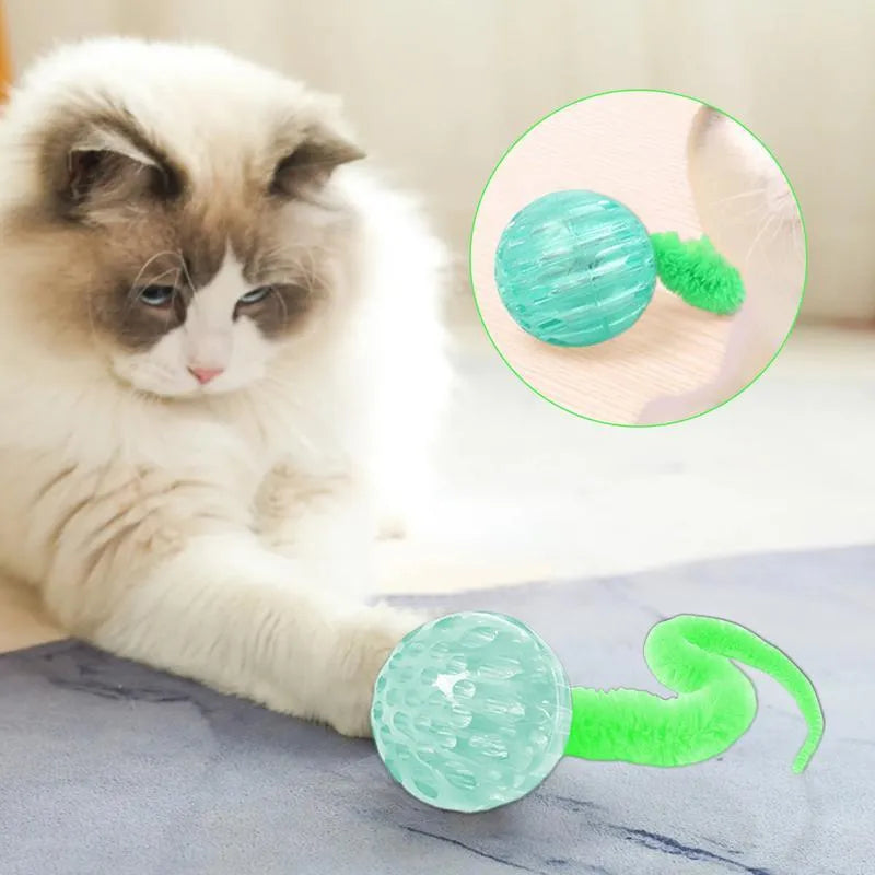 TPR interactive cat ball toy with attached worm tail in green, pink or purple colours