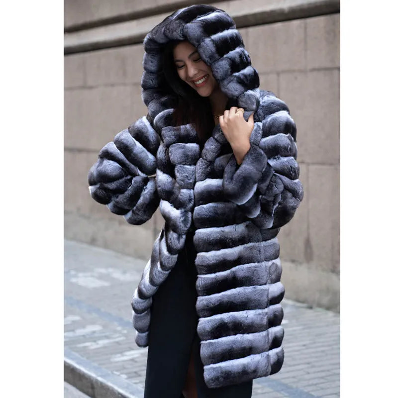 Women's zebra stripe artificial mink faux fur overcoat with regular sleeves and mid-length design