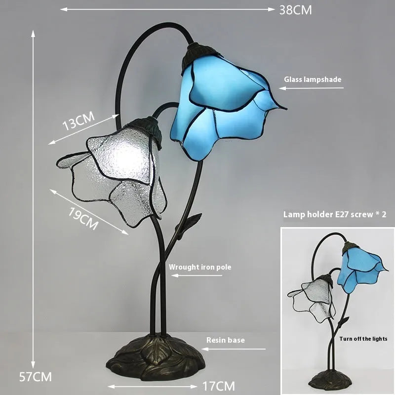 American classical retro style glass table lamp with ornate lotus shade, shown in a beige double head configuration.