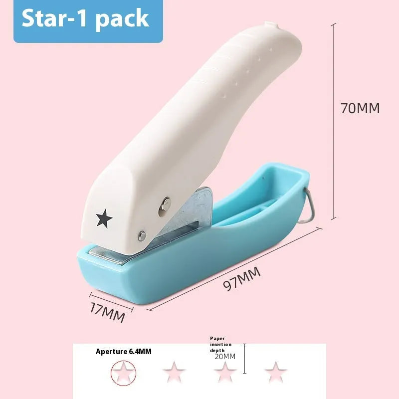 Manual hand punch with four embossing heads: Love, 4mm round, 6mm round, and star shapes.