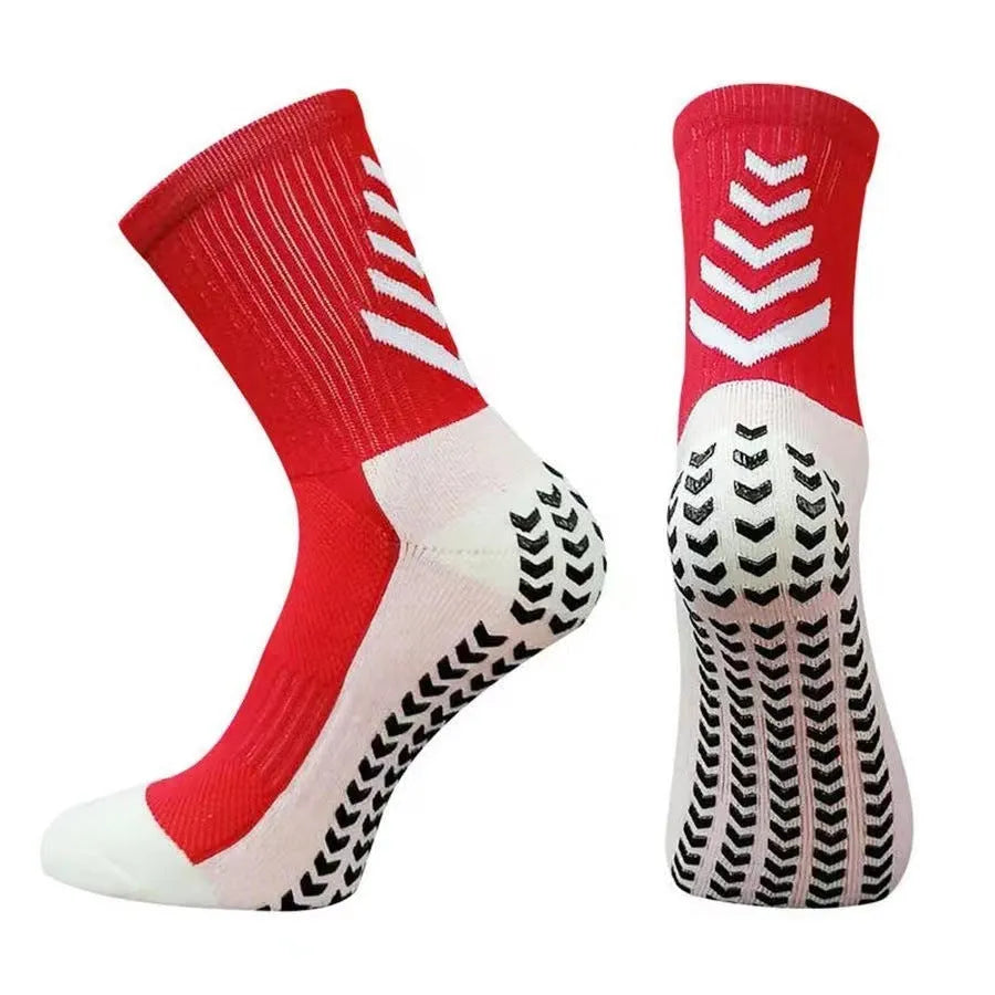 Men's patterned mid-calf sports socks with non-slip silicone grips in multiple colour options.