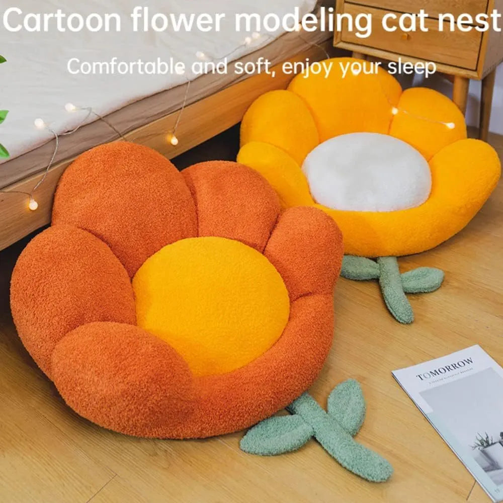 Flower shaped cat nest in brown with thick cushion and non-slip base for small pets