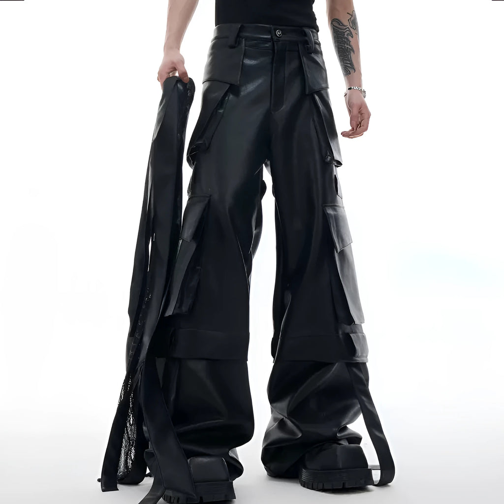 Black retro loose-fit trousers with multiple pockets and quilted leather-look fabric.
