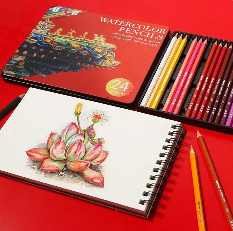 Water-soluble coloured pencil set with 24 colours, brush and iron storage box for artistic drawing and painting