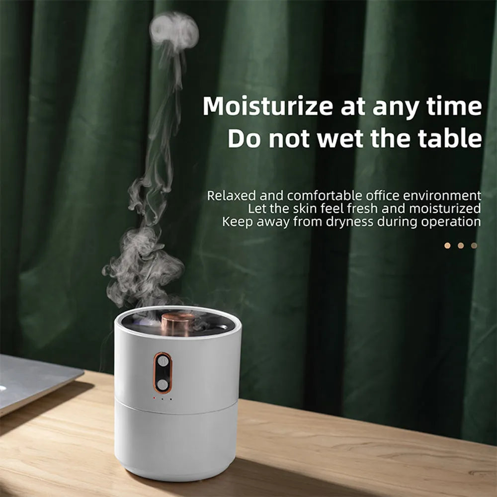 Jellyfish Spirit white desktop air purifying humidifier with USB cable and 450ml water tank on desk