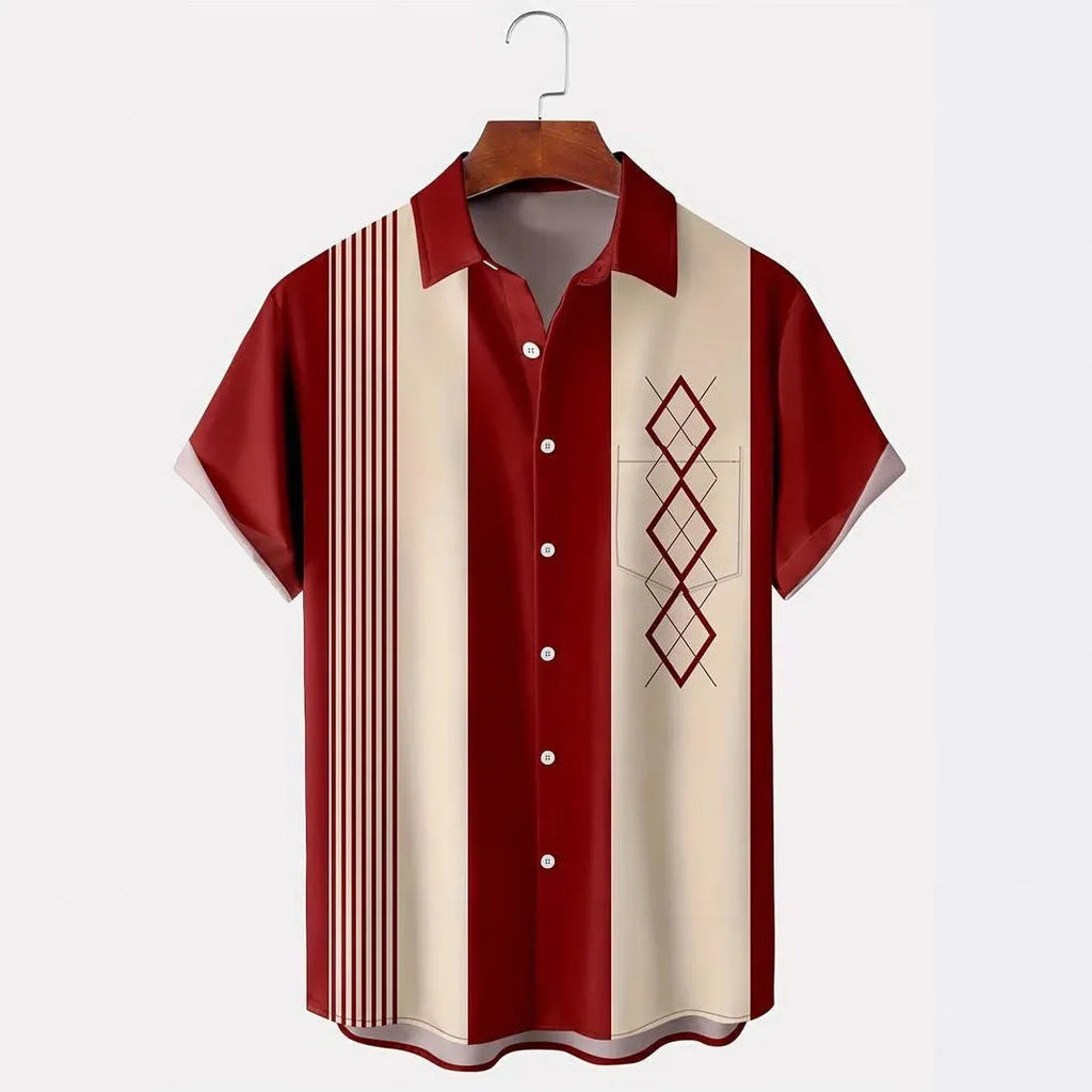 Man modelling a loose-fit plaid short-sleeve cardigan shirt with a lapel neckline.