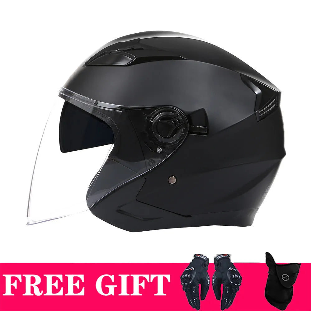 Retro motorcycle helmet with double lens in matte black ABS shell