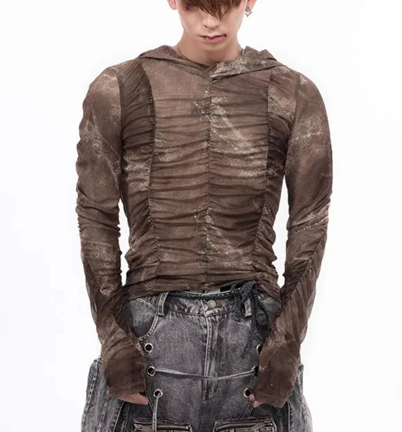Boys' lightweight ice silk bottoming shirt with printing and pleating details in polyester fabric