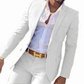 Men's two-piece cotton suit in a selection of colours including purple, blue, and grey.
