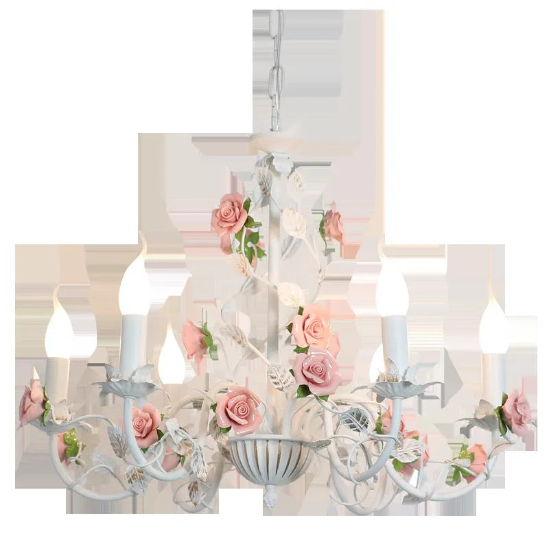 Pastoral bedroom chandelier with wrought iron flowers and plants in French retro princess style