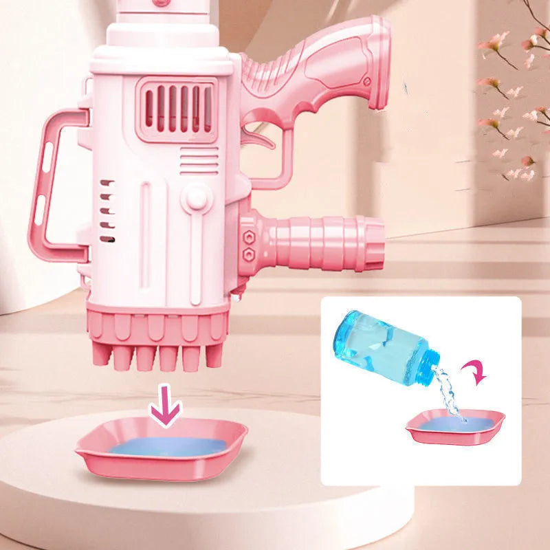 Sky blue electric Gatling bubble machine gun for children with 32 holes and light effects.