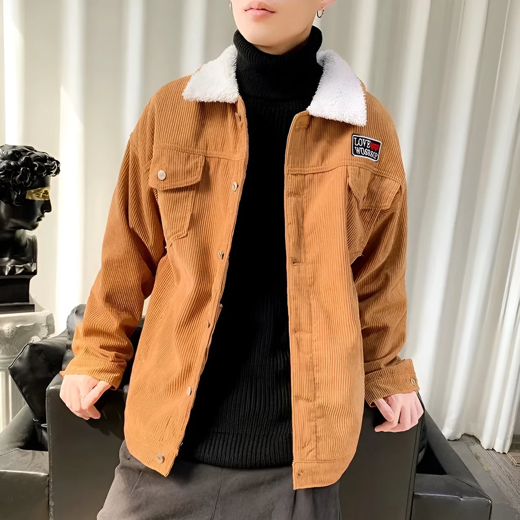 Men's loose-fit corduroy workwear jacket in khaki colour showing front view with stick pockets.