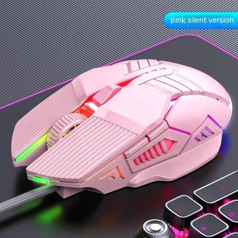 6D colourful luminous wired mouse in black, white, or pink with USB cable for desktop gaming or office use