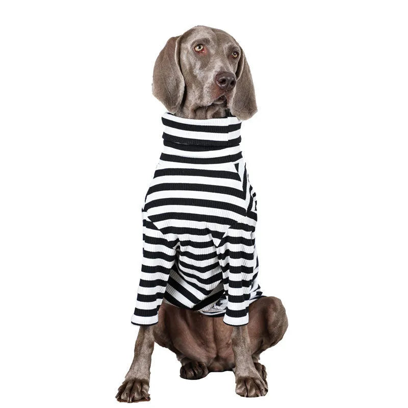 Black and white thin polyester dog coat for large breeds showing size range from M to XXXL