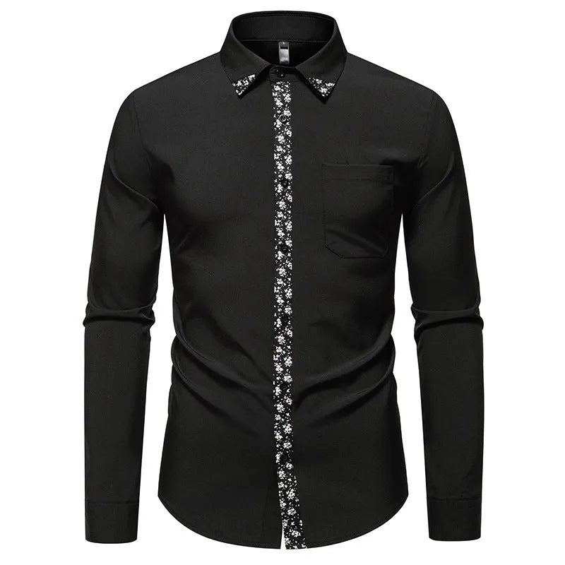 Men's white and black polyester cardigan shirt, long sleeve slim fit, sizes S to 2XL