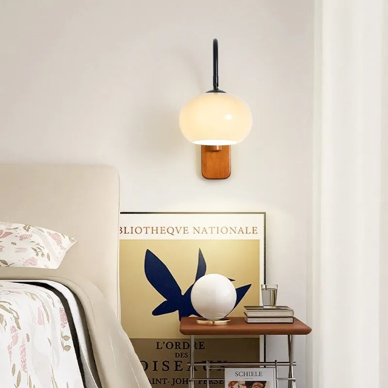 Retro wall LED lamp with 32cm milky white glass shade and iron body, walnut or log colour