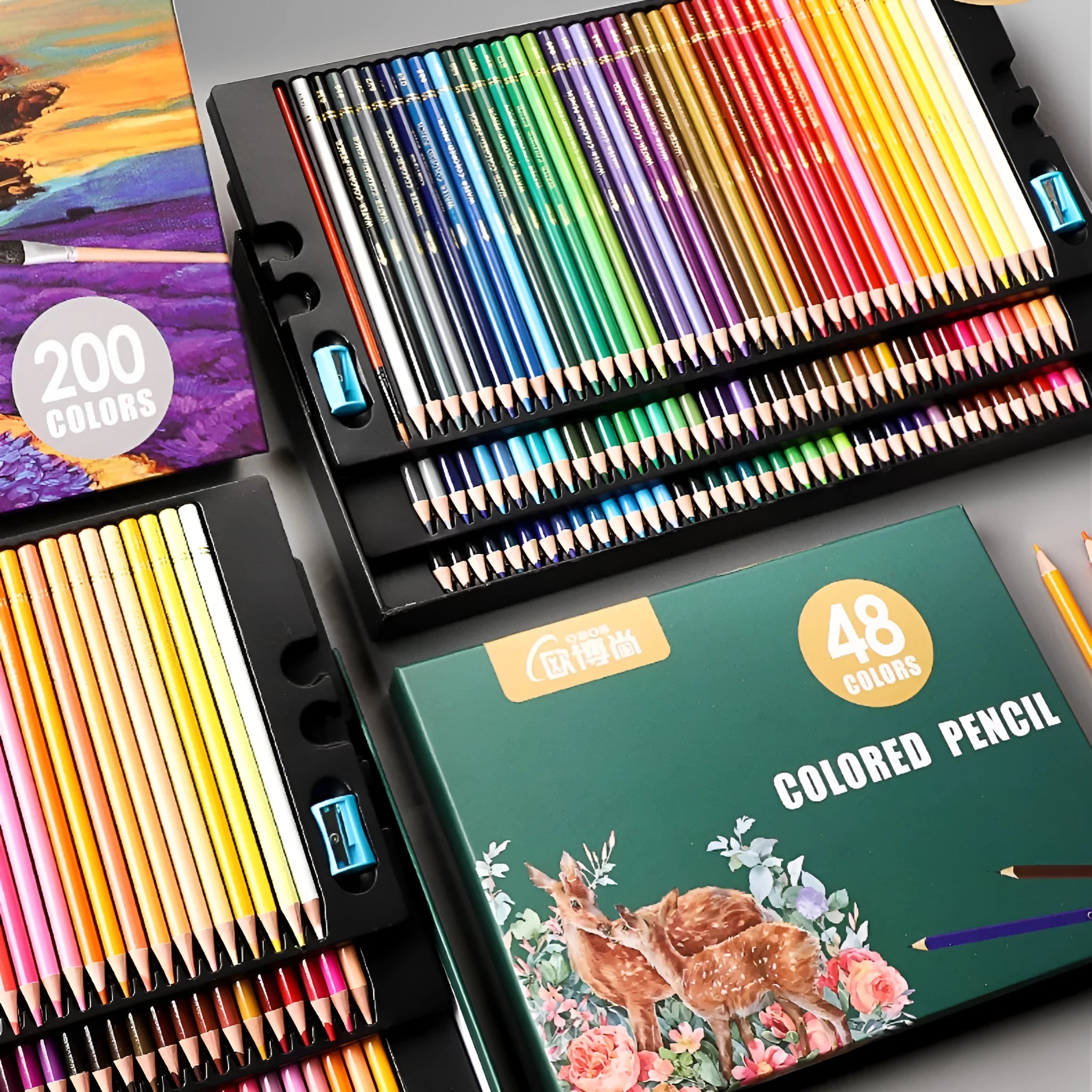 Water-soluble oily sketch colour pencil set with wood shell, multiple colour options from 48 to 200