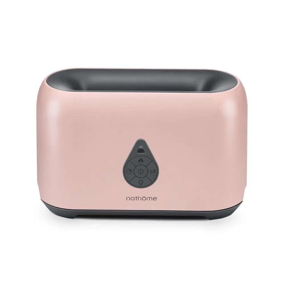 Mini remote control flame diffuser humidifier in white round plastic with single fog outlet and USB cable
