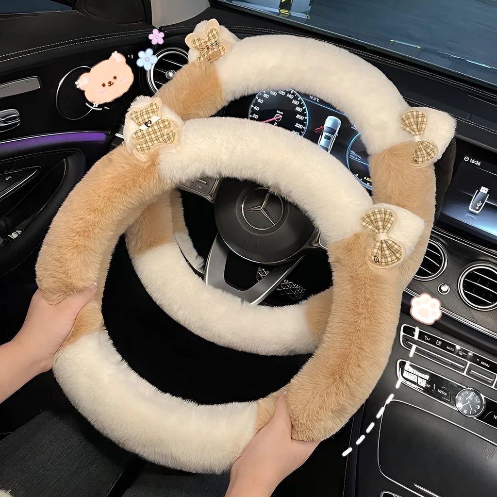 Plush steering wheel cover with cute cartoon panda ears in milk tea white for 38cm diameter steering wheels
