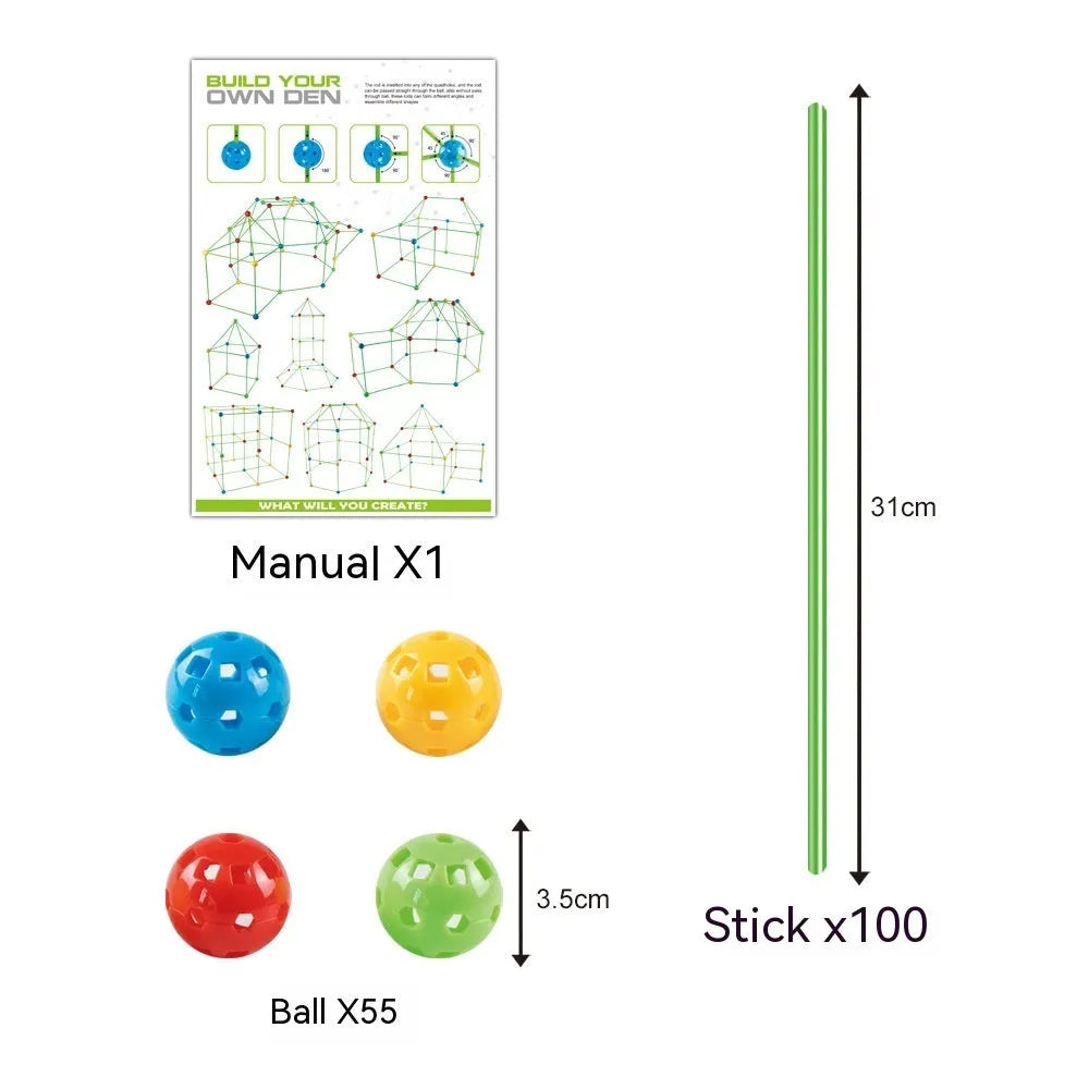 Luminous plastic fort building kit for kids with connecting sticks, balls, and storage bag.