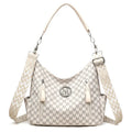 Retro printed PU messenger bag with sandwich pockets and double shoulder straps in beige colour