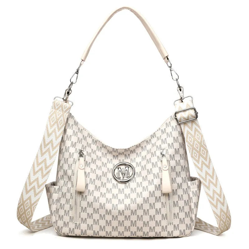 Retro printed PU messenger bag with sandwich pockets and double shoulder straps in beige colour