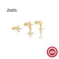 Set of three S925 sterling silver geometric zircon tassel ear studs for women on a white background.