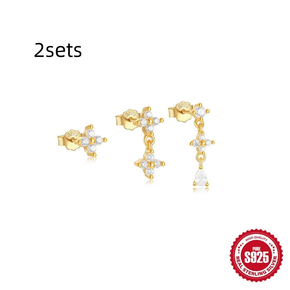Set of three S925 sterling silver geometric zircon tassel ear studs for women on a white background.