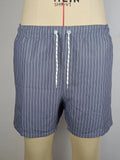 Men's navy blue polyester beach shorts with striped triangle lining and straight leg opening.