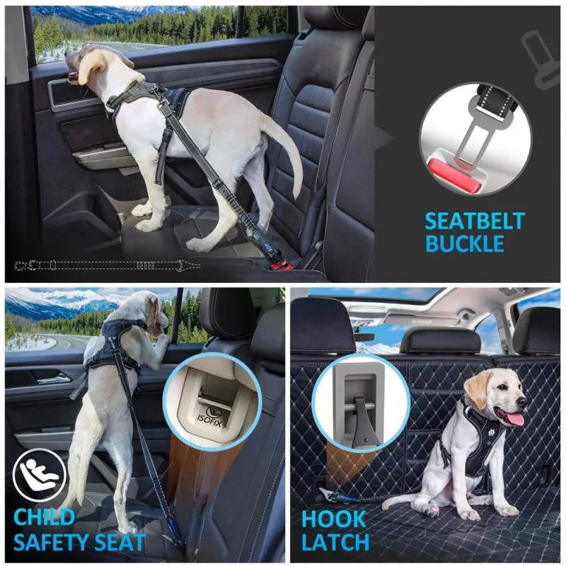 Pet multifunctional car reflective elastic seat belt made of nylon with adjustable length 54-90cm and 2.5cm width