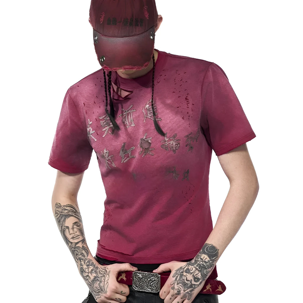 Men's slim-fit red distressed T-shirt with short sleeves and round neck collar