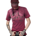 Men's slim-fit red distressed T-shirt with short sleeves and round neck collar