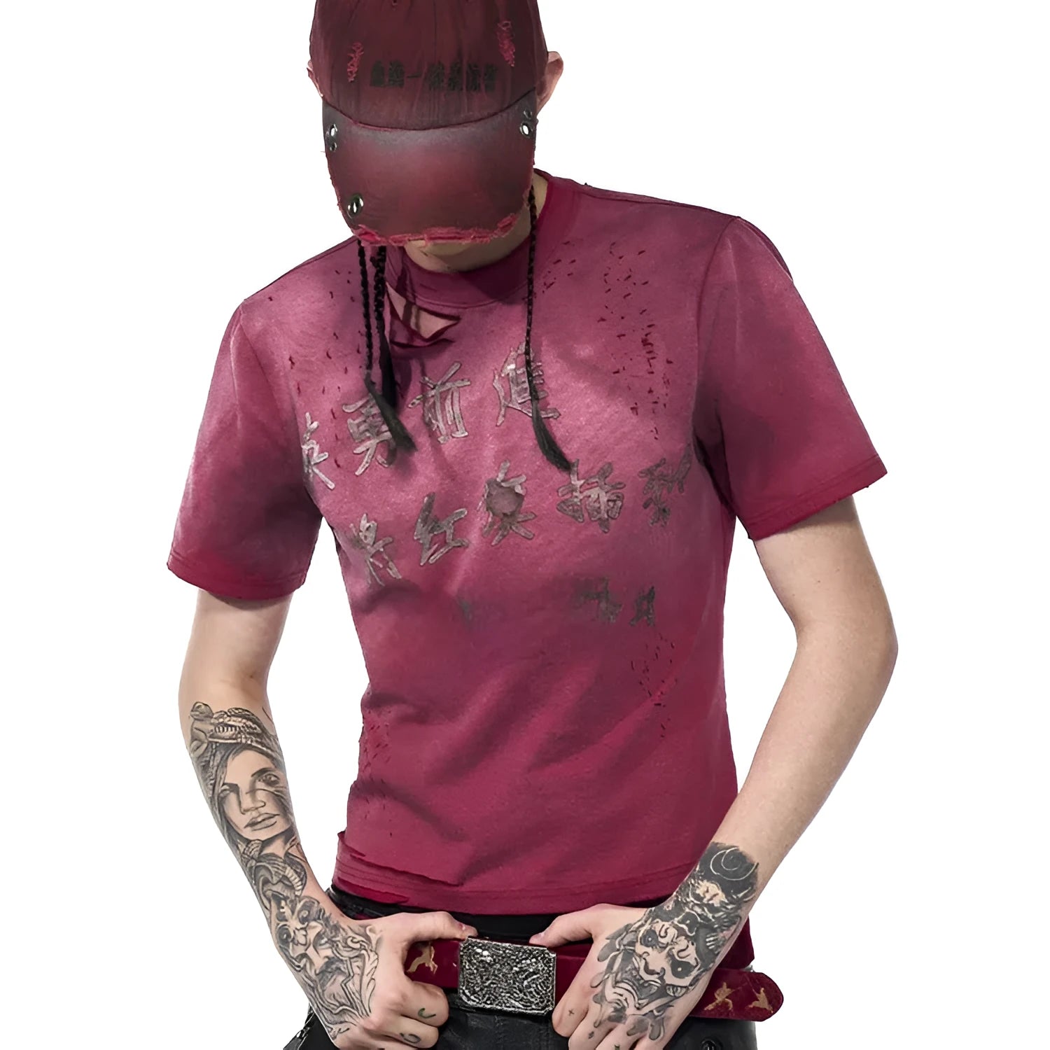 Men's slim-fit red distressed T-shirt with short sleeves and round neck collar