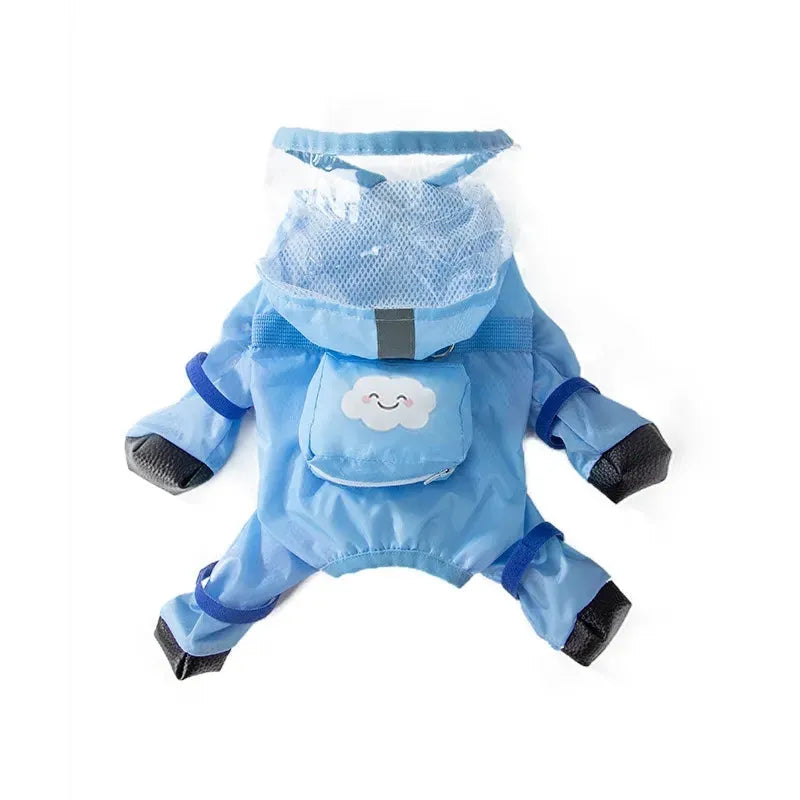 Blue pet dog raincoat with full body and four leg coverage on a small dog