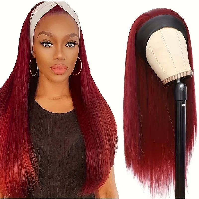 Headband wig with long straight synthetic hair in black colour