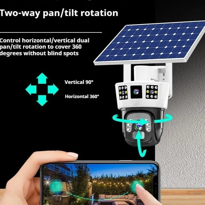 Solar-powered binocular outdoor surveillance camera with three screens and solar panel